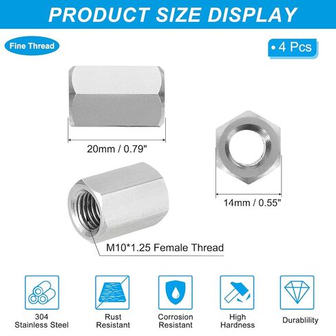 PATIKIL M10 x 1.25-Pitch 304 Stainless Steel Hex Coupling Nuts, 4Pcs 20mm / 0.8" Length Fully Threaded Rod Coupling Nut Studding Connector Fasteners, Silver Tone in Saudi Arabia