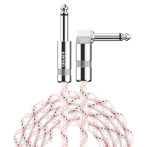 كابل أدوات 10FT - جيتار كهربائي وكابل جهير مع موصل زاوية قائمة 1/4 بوصة - وردي أبيض in Kuwait