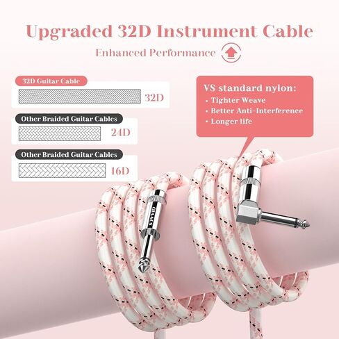 كابل أدوات 10FT - جيتار كهربائي وكابل جهير مع موصل زاوية قائمة 1/4 بوصة - وردي أبيض in Kuwait