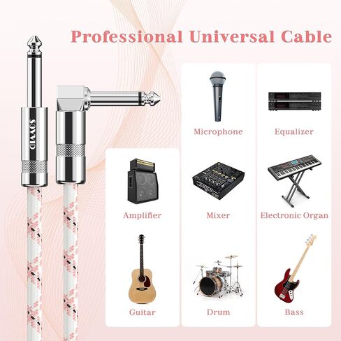 كابل أدوات 10FT - جيتار كهربائي وكابل جهير مع موصل زاوية قائمة 1/4 بوصة - وردي أبيض in Kuwait