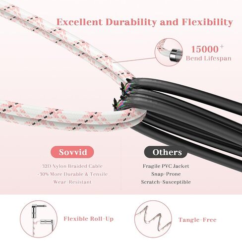 كابل أدوات 10FT - جيتار كهربائي وكابل جهير مع موصل زاوية قائمة 1/4 بوصة - وردي أبيض in Kuwait