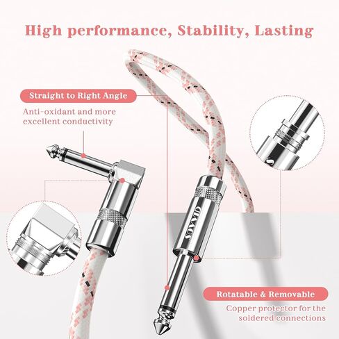 كابل أدوات 10FT - جيتار كهربائي وكابل جهير مع موصل زاوية قائمة 1/4 بوصة - وردي أبيض in Kuwait
