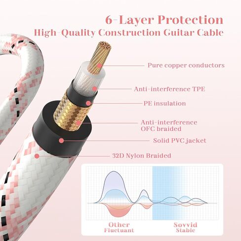 كابل أدوات 10FT - جيتار كهربائي وكابل جهير مع موصل زاوية قائمة 1/4 بوصة - وردي أبيض in Kuwait