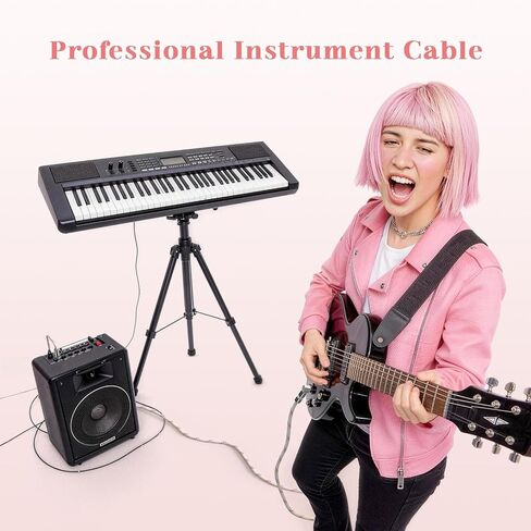 كابل أدوات 10FT - جيتار كهربائي وكابل جهير مع موصل زاوية قائمة 1/4 بوصة - وردي أبيض in Kuwait