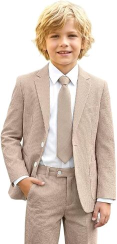 Boys Seersucker Suit 2 Piece Slim Fit Summer Beach Wedding Outfit Kids Blazer Jacket Dressing Pants Suits for Toddler Teenage in Saudi Arabia