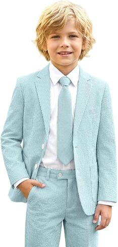 Boys Seersucker Suit 2 Piece Slim Fit Summer Beach Wedding Outfit Kids Blazer Jacket Dressing Pants Suits for Toddler Teenage in Kuwait
