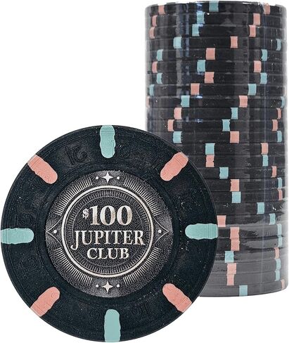 فيشات لعبة البوكر من طين الكازينو كبيرة الحجم مقاس 43 مم من جوبيتر كلوب | 11 جرام رقائق XL | إحساس فاخر بالطين بنسبة 100% للألعاب النقدية المنزلية والبطولات ذات الرهانات العالية | 25 عدد (1 لفة) (100 دولار أسود) in Kuwait