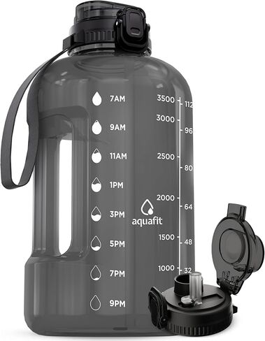 AQUAFIT 1 Gallon Water Bottle with Time Marker - Straw & Chug Lid - BPA Free Gym Water Bottle with Straw - Big Gallon Jug (Gray, 128 oz - 2in1 Lid) in Kuwait