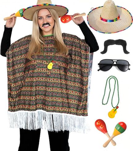 6pcs القبعات المكسيكية Sombrero Hats Cinco de Mayo الزي Mariachi البالغ Maracas قلادة شارب وهمية هالوين in Kuwait