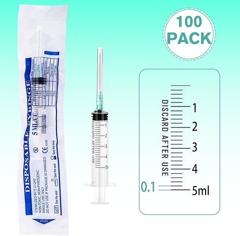 محاقن 5 مل بإبرة 21 قياس 1.5 بوصة - حقنة قفل Luer 5cc، 100 عبوة مغلفة بشكل فردي - درجة احترافية للمختبر والحرف الصناعية ونقل السوائل in Kuwait