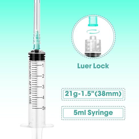 محاقن 5 مل بإبرة 21 قياس 1.5 بوصة - حقنة قفل Luer 5cc، 100 عبوة مغلفة بشكل فردي - درجة احترافية للمختبر والحرف الصناعية ونقل السوائل in Kuwait