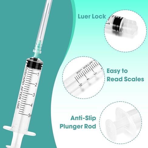 محاقن 5 مل بإبرة 21 قياس 1.5 بوصة - حقنة قفل Luer 5cc، 100 عبوة مغلفة بشكل فردي - درجة احترافية للمختبر والحرف الصناعية ونقل السوائل in Kuwait