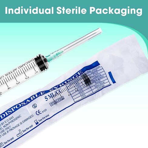 محاقن 5 مل بإبرة 21 قياس 1.5 بوصة - حقنة قفل Luer 5cc، 100 عبوة مغلفة بشكل فردي - درجة احترافية للمختبر والحرف الصناعية ونقل السوائل in Kuwait