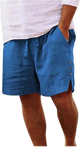 شورت كتان للرجال مقاس كبير صيفي برباط وأزرار جانبية، شورت كاجوال خفيف الوزن للشاطئ مع جيوب in Kuwait