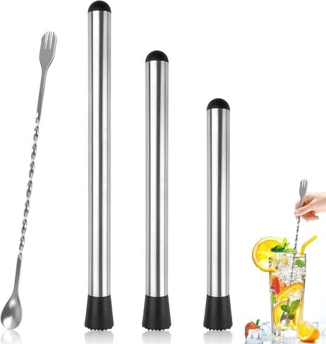 Muddler for Cocktails, 4 Pack Cocktail Muddler 8" 10" 12" and Bar Spoon Set, Stainless Steel Muddler Tool for Mojitos Fruit Lemon Drinks Party, Lemonade Stand Supplies, Bar Accessories in Kuwait