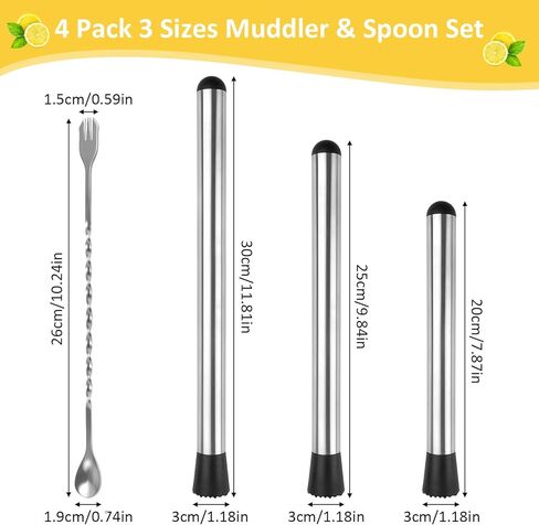 Muddler for Cocktails, 4 Pack Cocktail Muddler 8" 10" 12" and Bar Spoon Set, Stainless Steel Muddler Tool for Mojitos Fruit Lemon Drinks Party, Lemonade Stand Supplies, Bar Accessories in Kuwait