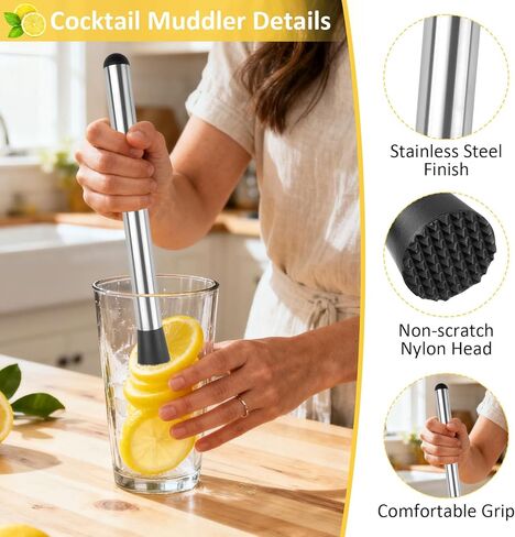 Muddler for Cocktails, 4 Pack Cocktail Muddler 8" 10" 12" and Bar Spoon Set, Stainless Steel Muddler Tool for Mojitos Fruit Lemon Drinks Party, Lemonade Stand Supplies, Bar Accessories in Kuwait