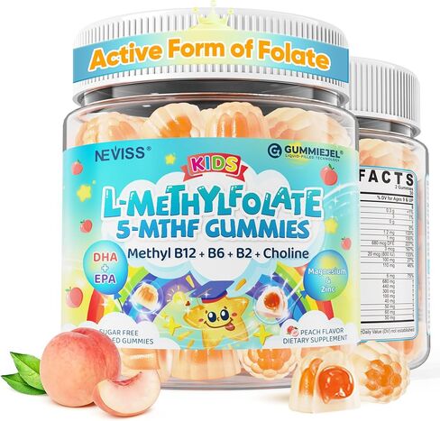 Kids L-Methylfolate Gummies, Active 5-MTHF + Methyl B12, Vitamin B6, B2, Choline, Vegan Omega 3 DHA & EPA, Methylated Multivitamin, MTHFR Supplement for Methylation, Focus, Cognition, Brain, 60 Cts in Saudi Arabia