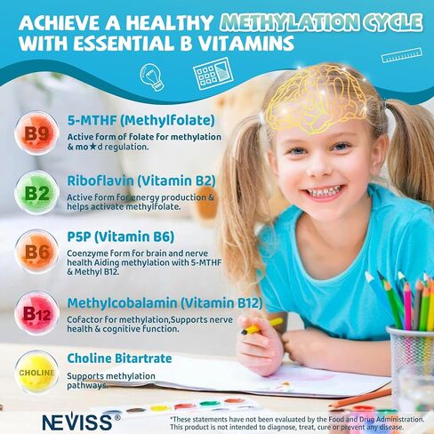 Kids L-Methylfolate Gummies, Active 5-MTHF + Methyl B12, Vitamin B6, B2, Choline, Vegan Omega 3 DHA & EPA, Methylated Multivitamin, MTHFR Supplement for Methylation, Focus, Cognition, Brain, 60 Cts in Saudi Arabia