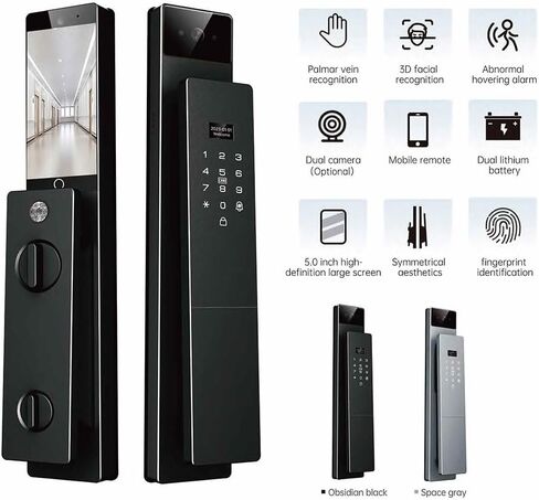 قفل ذكي للتعرف على الوجه ثلاثي الأبعاد من Sophies مع كشف عروق راحة اليد وكاميرا فيديو - قفل نقر بصمة الإصبع مزود بتقنية WiFi مع جرس الباب والتحكم في التطبيق للدخول بدون مفتاح للأبواب الأمامية in Kuwait