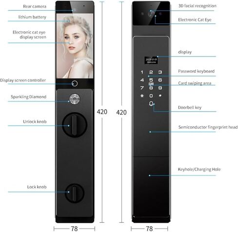 قفل ذكي للتعرف على الوجه ثلاثي الأبعاد من Sophies مع كشف عروق راحة اليد وكاميرا فيديو - قفل نقر بصمة الإصبع مزود بتقنية WiFi مع جرس الباب والتحكم في التطبيق للدخول بدون مفتاح للأبواب الأمامية in Kuwait