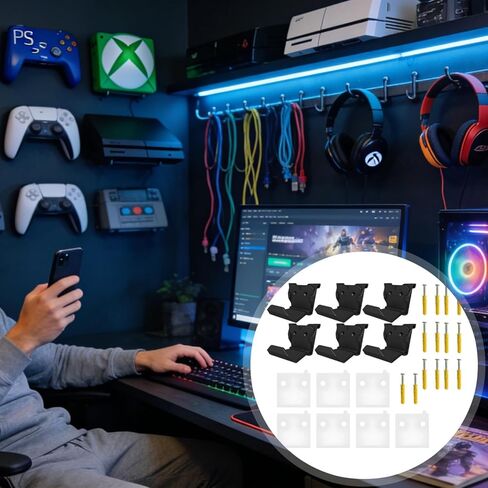 6 Pcs Controller And Headset Wall Mount, Adhesive & Screws Installation, Foldable Hanger For Game Consoles, Black, Space-Saving in Saudi Arabia
