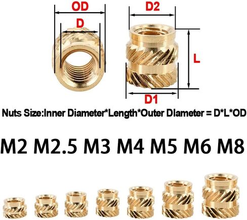 Threaded Inserts for 3D Printing, 100pcs Heat Set Threaded Inserts, Brass Nut Hot Melt Knurled with Double Twill M2 to M8(M2x4x3.2mm) in Saudi Arabia