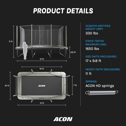 ACON 16 HD مستطيل الترامبولين مع حاوية أمان وسلم - 17 x 9.8 ft كبير مستطيل الترامبولين في الهواء الطلق، 140 HD Springs، SafeMat، 1650 رطل إطار فولاذي تم اختباره، ضمان الإطار لمدة 10 سنوات in Saudi Arabia
