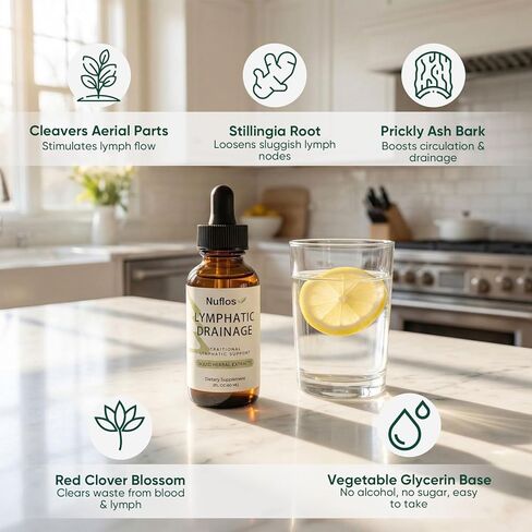 Nuflos قطرات التصريف اللمفاوي، مكملات التصريف اللمفاوي، مزيج عشبي ممتاز 4 في 1، عافية يومية وتخفيف عام، 2 أونصة سائلة. أوز (أ) in Kuwait