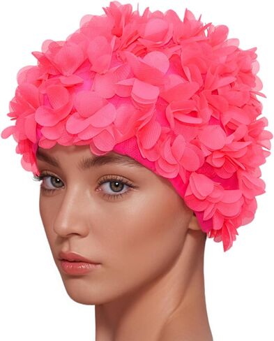 Lace Vintage Swim Cap Floral Petal Retro Style Bathing Caps for Women Rose in Kuwait