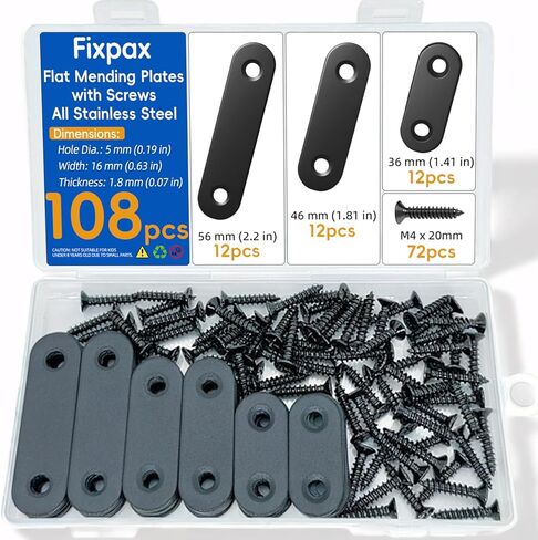 111pcs 5 ألواح إصلاح معدنية مسطحة للخشب ، 1.4 "/1.8"/2.2 "/3.0" /3.8 "بوصة من الفولاذ المقاوم للصدأ إصلاح الدعامة مع البراغي (الفضة) in Kuwait