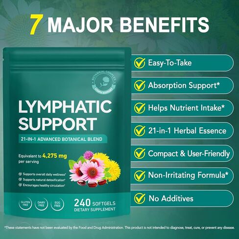 مكملات التصريف اللمفاوي، مكمل دعم النظام اللمفاوي للنساء والرجال، مزيج عشبي طبيعي مع القنفذية والهندباء وجذور الأرقطيون للجهاز اللمفاوي - 240 كبسولة هلامية in Kuwait