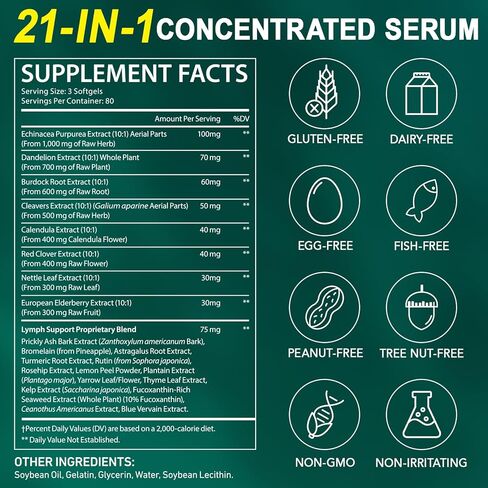 مكملات التصريف اللمفاوي، مكمل دعم النظام اللمفاوي للنساء والرجال، مزيج عشبي طبيعي مع القنفذية والهندباء وجذور الأرقطيون للجهاز اللمفاوي - 240 كبسولة هلامية in Kuwait