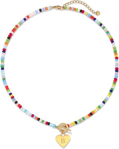 Badu Initial A-Z Colorful Beaded Gemstone Necklaces for Women 14K Gold Plated Waterproof Heart Boho Necklace Natural Stone Cute Jewelry Gifts Sister, best friend, Birthday，Anniversary or teens in Kuwait