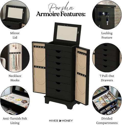 Hives and Honey Porsha Jewelry Armoire - خزانة قفل 7 -Drawer الحديثة مع أبواب مصراع ومقابض نحاسية ، فحم in Kuwait