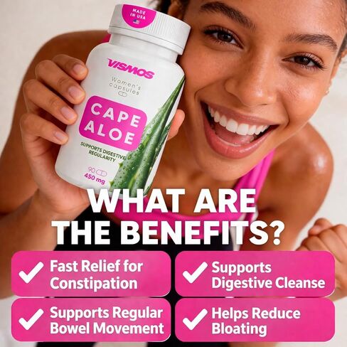 PREMIUM Cape Aloe Vera Capsules for Women – Natural Laxative & Daily Detox Cleanse for Gentle Constipation Relief & Gut Health Support – 450mg Aloe Ferox Leaf Powder – 90 Capsules - Made in USA in Saudi Arabia