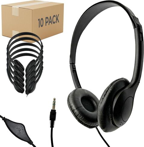 Soundnetic SNCCV Classroom Stereo Headphones with Leatherette Earpads and Volume Control, Black, Count of 10, Pack of 1 in Kuwait