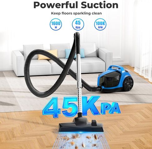 مكانس كهربائية بعلبة 45 كيلو باسكال 1600 واط للمنزل، فلتر HEPA مزدوج، مكنسة كهربائية بدون كيس 4.5 كيو تي، مكنسة كهربائية بعلبة خفيفة الوزن للأرضيات الصلبة، السجاد، الحيوانات الأليفة، تنجيد البلاط، السيارة الزرقاء in Kuwait