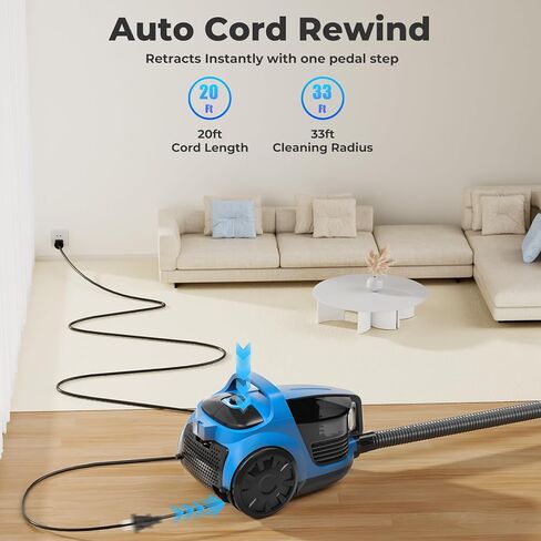 مكانس كهربائية بعلبة 45 كيلو باسكال 1600 واط للمنزل، فلتر HEPA مزدوج، مكنسة كهربائية بدون كيس 4.5 كيو تي، مكنسة كهربائية بعلبة خفيفة الوزن للأرضيات الصلبة، السجاد، الحيوانات الأليفة، تنجيد البلاط، السيارة الزرقاء in Kuwait