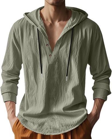 Mens Cotton Linen Hoodies Long Sleeve Button Down Shirts Casual Hawaiian Beach Yoga Sweatshirts in Kuwait