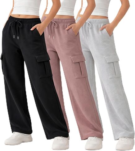 3 Pack Sweatpants Women, Wide Leg Cargo Womens Sweatpants, Wide Leg Pants with Pockets (Available in Plus) in Kuwait