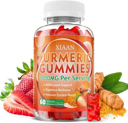 Turmeric Gummies 1000mg, Organic Turmeric Curcumin Supplement with Black Pepper for Immune & Muscle Support, Sugar-Free/Vegan/Gluten-Free, Strawberry Flavor 60 Count in Kuwait