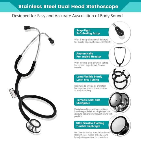 Professional Stethoscope with Medical Penlight, Stethoscope Name Tag, Replacement Soft Eartips for Doctor Nurse Clinical, Stainless Steel Dual-Head Stethoscope Chestpiece, Long Stethoscope Tube in Kuwait