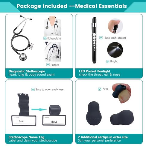 Professional Stethoscope with Medical Penlight, Stethoscope Name Tag, Replacement Soft Eartips for Doctor Nurse Clinical, Stainless Steel Dual-Head Stethoscope Chestpiece, Long Stethoscope Tube in Kuwait