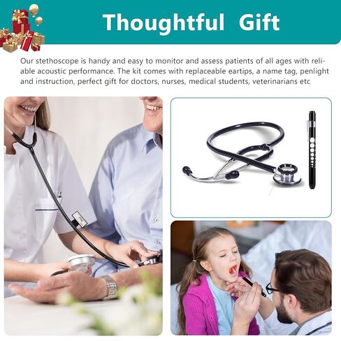 Professional Stethoscope with Medical Penlight, Stethoscope Name Tag, Replacement Soft Eartips for Doctor Nurse Clinical, Stainless Steel Dual-Head Stethoscope Chestpiece, Long Stethoscope Tube in Kuwait