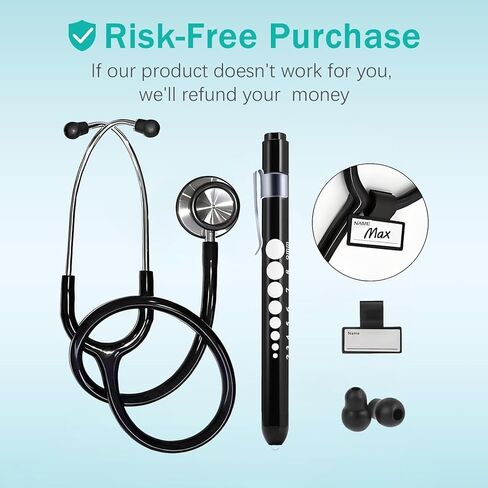 Professional Stethoscope with Medical Penlight, Stethoscope Name Tag, Replacement Soft Eartips for Doctor Nurse Clinical, Stainless Steel Dual-Head Stethoscope Chestpiece, Long Stethoscope Tube in Kuwait
