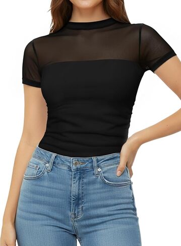 النساء القمصان القصيرة الأكمام الشبكية الشبكات البسدة السلحفاة العنق العصرية العصرية المثيرة Ruched الخروج in Kuwait