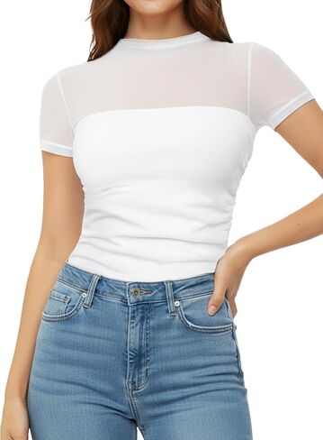 Women Short Sleeve Shirts Sheer Mesh Bodysuit Mock Turtle Neck Trendy Sexy Ruched Going Out Fishnet Bodysuits Tops in Saudi Arabia