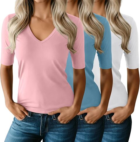 Ficerd 3 Pack Women's V Neck Half Sleeve Shirts | Comfortable Cotton Blend, Slim Streamlined, Suitable for Multiple Occasions, Easy to Dress Up or Down, Wardrobe Essential in Saudi Arabia