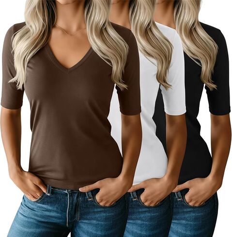 Ficerd 3 Pack Women's Half Sleeve V Neck T Shirts, Mid Elbow Length Sleeve Shirt Slim Fit Tunic Top Casual Summer Tee in Kuwait
